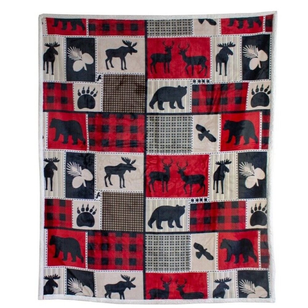 New Flannel Lodge Life Sherpa Gift Plush Throw Blanket Rustic Red Moose Bear NIP